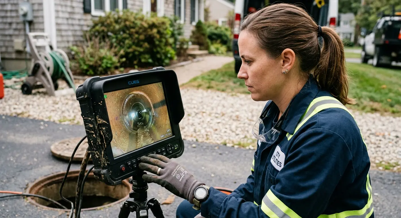 Technician reviewing sewer camera inspection footage in Essex