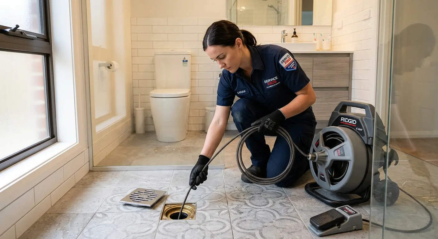 Technician clearing a bathroom floor drain for Drain Cleaning in Essex